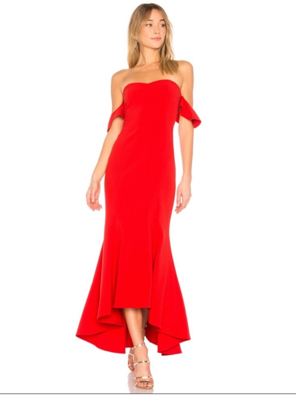 NEW REVOLVE LIKELY Red Off-Shoulder High-Low Gown